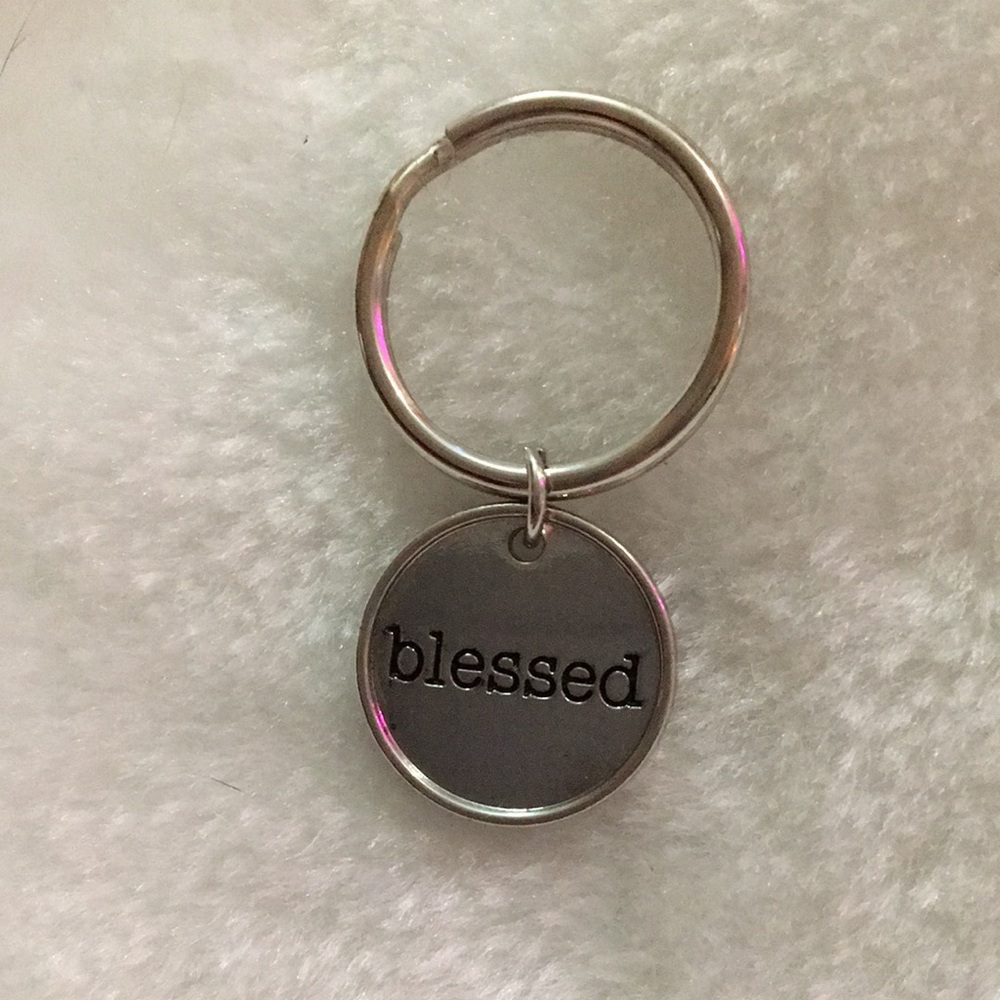 "Blessed" Silver Tone Round Keyring